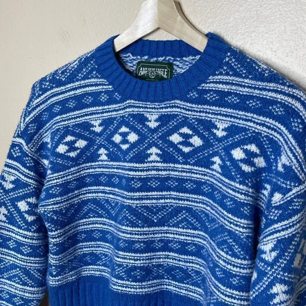 American Eagle Sweater Womens Medium Blue Knitted Long Sleeve Cropped Pullover - Picture 2 of 7